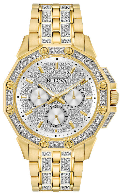 WATCH BULOVA CRYSTAL DIAL DATEWHEELS CRYSTAL HEXIGONAL GOLD STEEL CASE