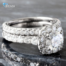 Load image into Gallery viewer, 2.54CTW LAB Round Solitaire Diamond Center With Cushion Halo, Pave Shoulders and Matching Band Wedding Set
