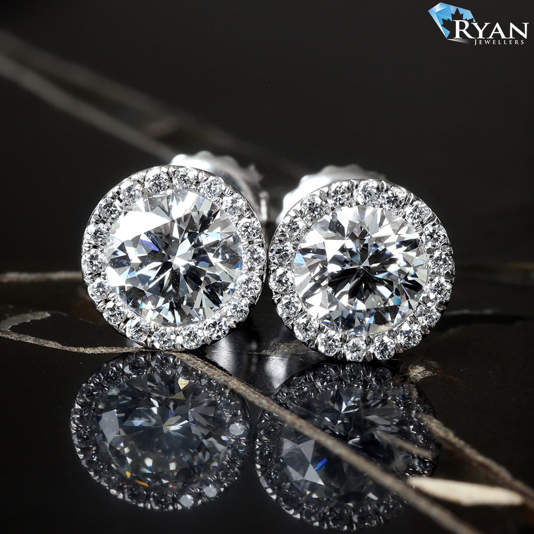 LAB EARRING GW 14K 1.10CTW ROUND SOLITAIRE WITH ROUND HALO MARTINI SETTING