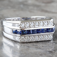 Load image into Gallery viewer, 0.40ctw Three Row Table Top with Channel Set Princess Cut Blue Sapphire Center and Two Row Lab Diamond
