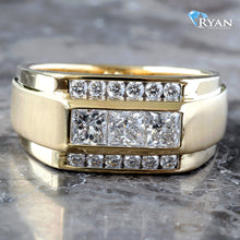 Load image into Gallery viewer, LAB RING GY 10K 1.15CTW THREE ROW TABLE TOP WITH CHANNEL SET PRINCESS CUT CENTER AND SINGLE ROW CHANEL SET ROUND DIAMOND SIDES
