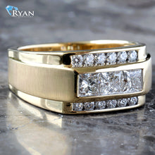 Load image into Gallery viewer, LAB RING GY 10K 1.15CTW THREE ROW TABLE TOP WITH CHANNEL SET PRINCESS CUT CENTER AND SINGLE ROW CHANEL SET ROUND DIAMOND SIDES
