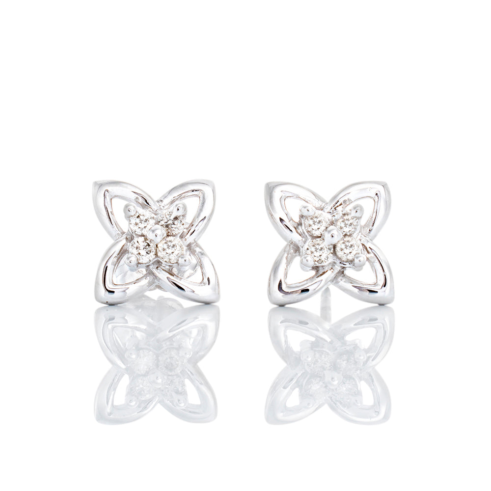 EARRING GW 10K 0.10CTW FOUR STONE OPEN FLOWER STUDS