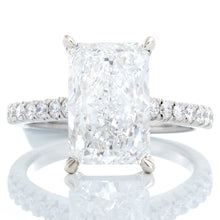 Load image into Gallery viewer, 4.72ctw Lab Created Radiant Cut Center Natural Diamond Pave Upswept Shoulders, with Hidden Diamond Halo &amp; Bridge
