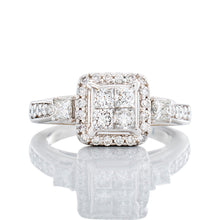 Load image into Gallery viewer, 0.95ctw Princess Quad Center with Halo and Princess Cut Diamond Each Side Ring
