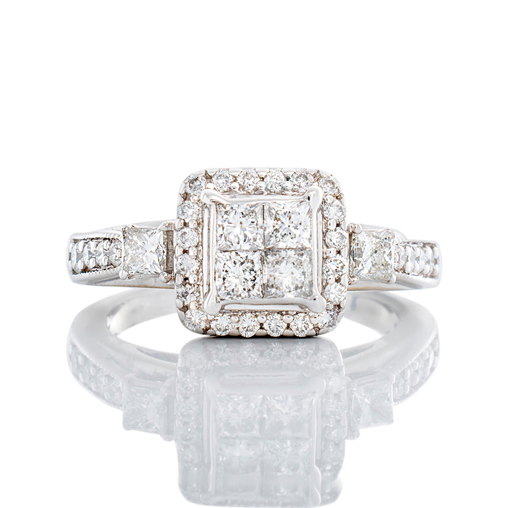 0.95ctw Princess Quad Center with Halo and Princess Cut Diamond Each Side Ring