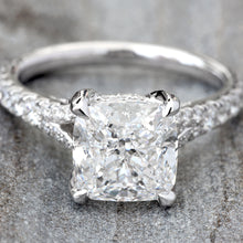 Load image into Gallery viewer, 3.87ctw Lab Created Cushion Cut Diamond With Slight Split Shoulders &amp; Diamond Bridge
