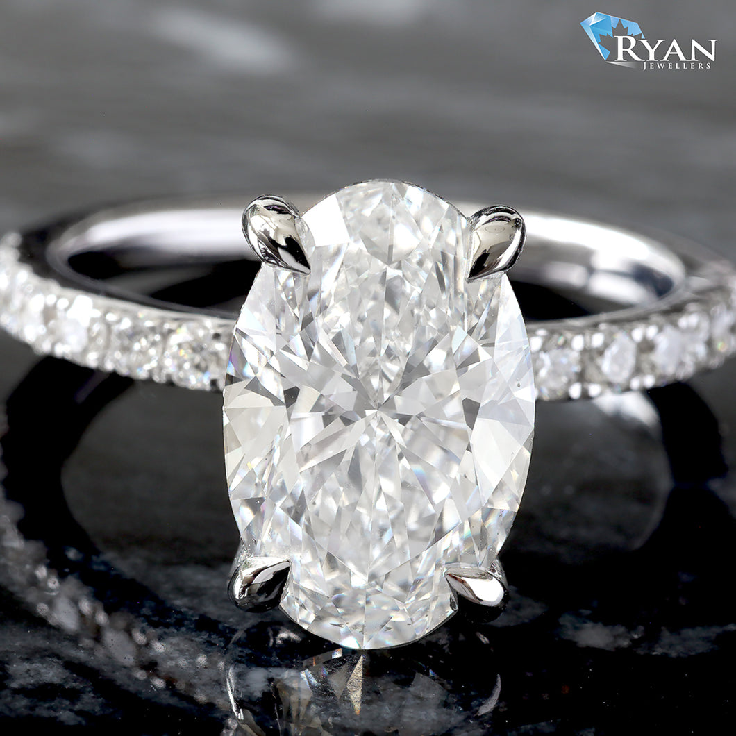 4.06ctw Oval Solitaire with Hidden Halo and Pave Shoulders Ring