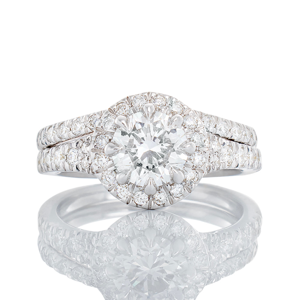1.75ctw Round Solitaire Round Halo with Slight Split Pave Shoulders and Matching Band