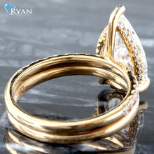 Load image into Gallery viewer, 3.81ctw Pear Solitaire with Hidden Halo Three Prongs And High Polished Shoulders and Pave Diamond Band Bridal Set
