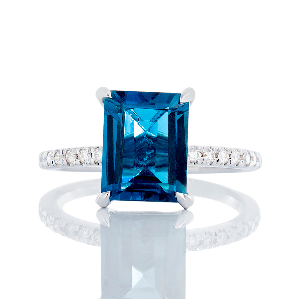 2.65ct Emerald Cut London Blue Topaz with 0.25ctw Diamond Shoulders