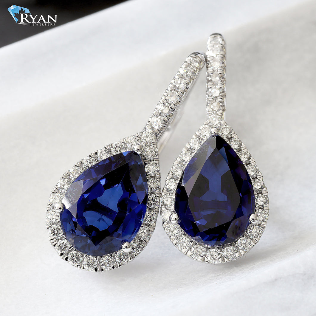 5.95ctw Blue Sapphire Pear Cut with 0.50 Diamond Halo Leaver Backs Earrings