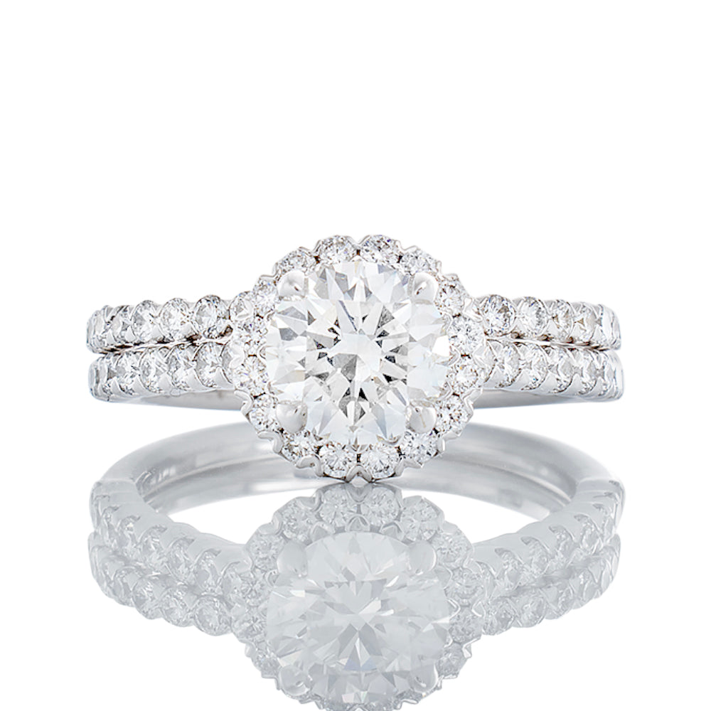 1.75ctw Round Solitaire with Round Halo Diamond Bubble Set Shoulders and Matching Contouring Wedding Band