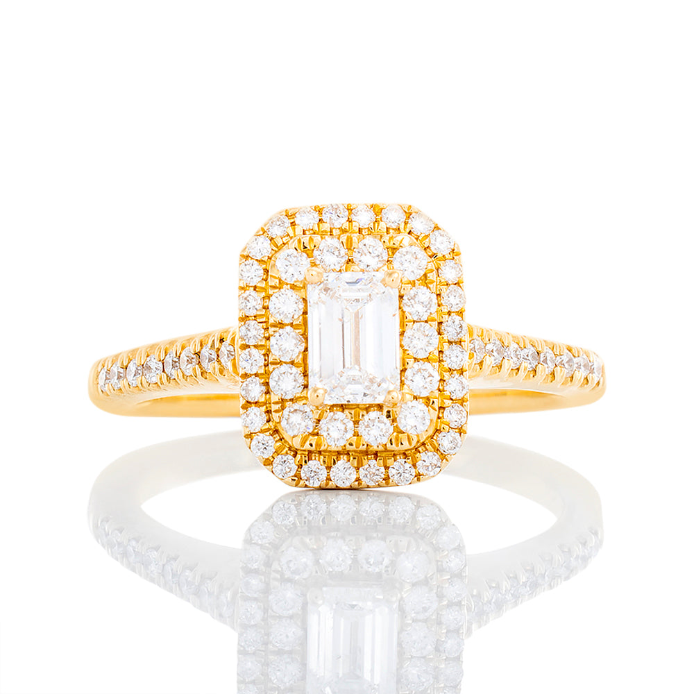 0.65ctw Emerald Cut Center with Double Pave Rectangle Halo