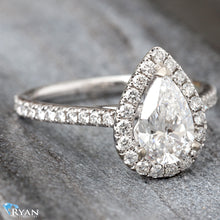 Load image into Gallery viewer, 2.10ctw Pear Cut Lab Solitaire with Natural Diamond halo and Pave Shoulders
