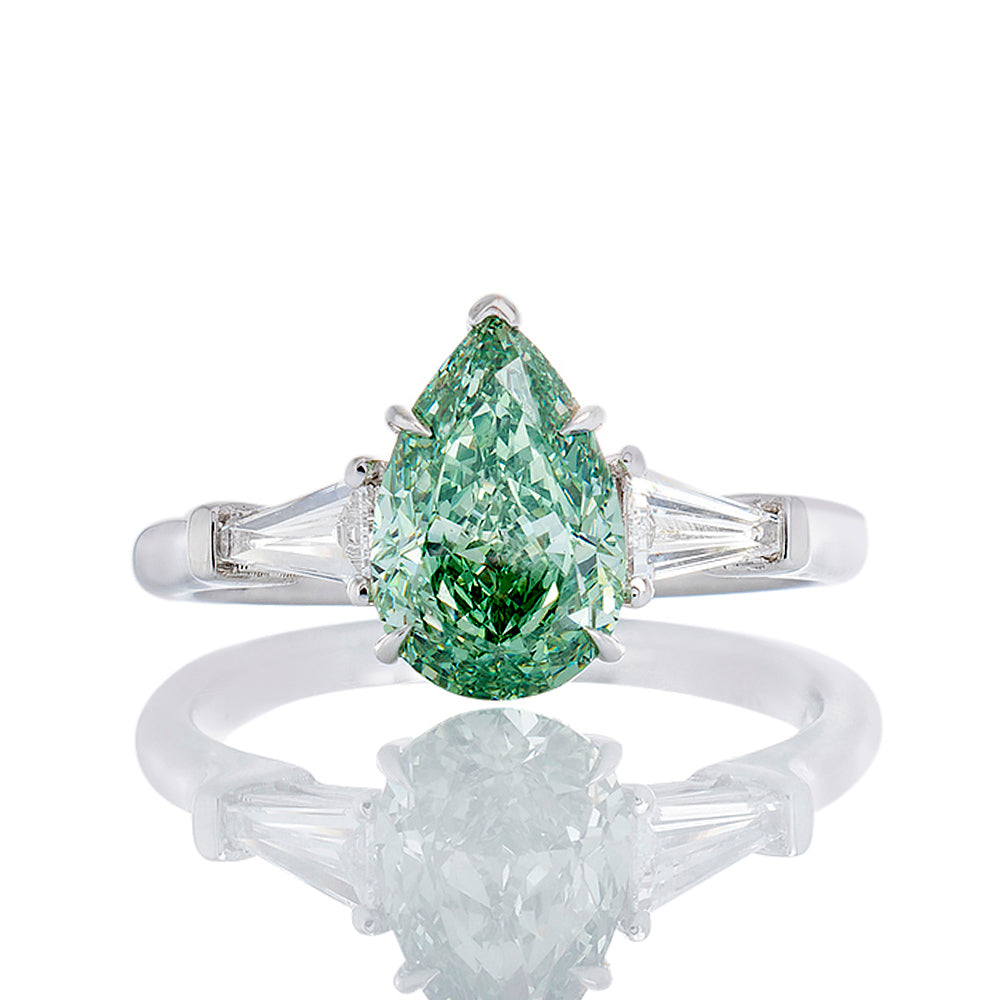 1.77ctw Lab Diamond Fancy Vivid Green Pear Cut Center with Natural Tapered Baguette Shoulders