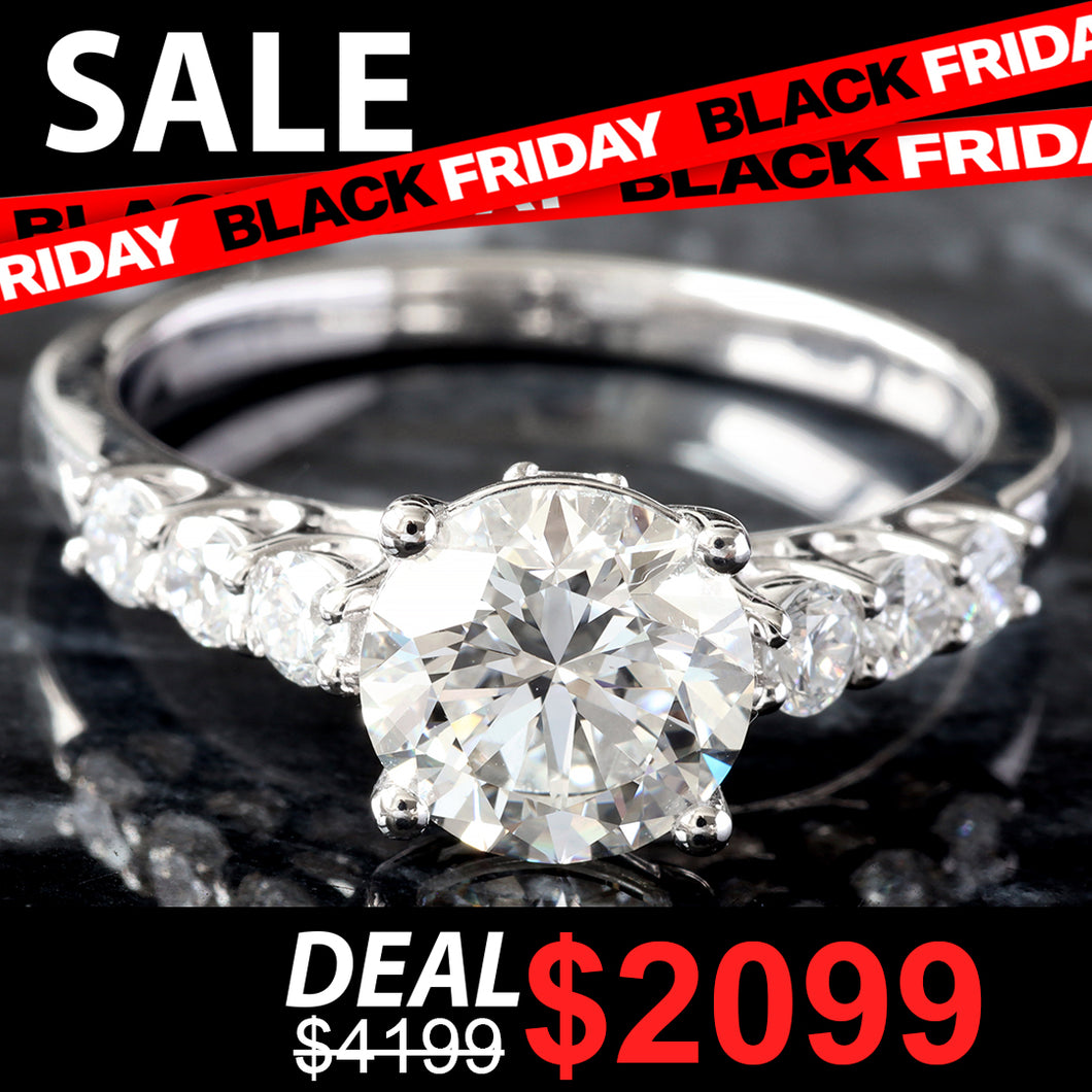 LAB RING GW 14K 1.90CTW ROUND SOLITAIRE THREE STONE SHOULDERS SIDE PROFILE DIAMOND BASKET ACCENT