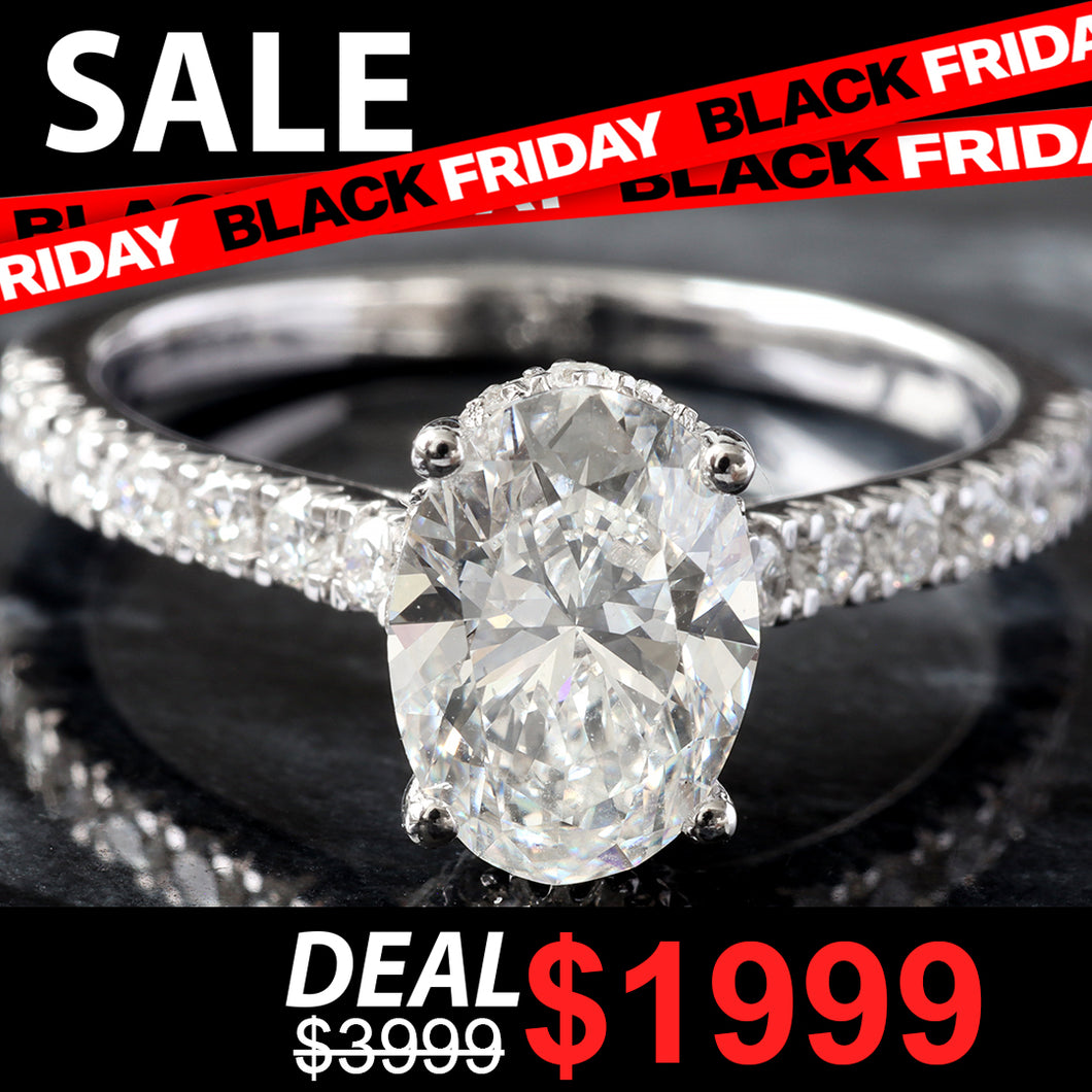 RING GW 14K 2.00CTW OVAL SOLITAIRE CONTOUR HIDDEN HALO UPSWEPT PAVE SHOULDERS PROFILE DIAMOND BEZEL ACCENT