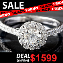 Load image into Gallery viewer, LAB RING GW 14K 1.00CTW ROUND BRILLIANT SOLITAIRE WITH HALO UPSWEPT PAVE SHOULDERS
