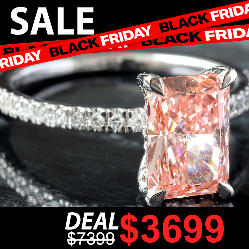 LAB RING GW 14K 2.25CTW PINK RADIANT DIAMOND SOLITAIRE HIDDEN HALO PAVE SHOULDERS