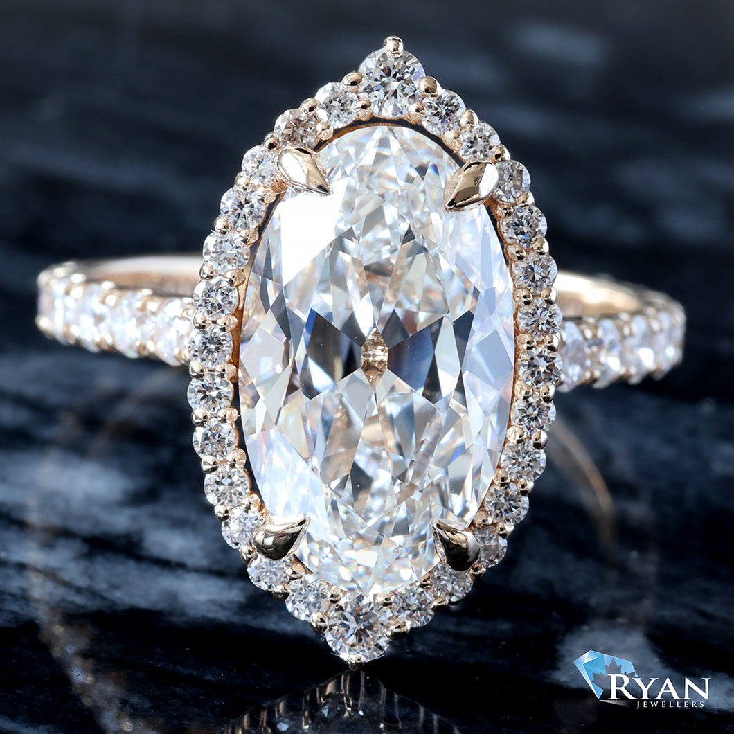 4.93ctw Old European Moval Cut Solitaire with Halo and Pave Diamond Shoulders