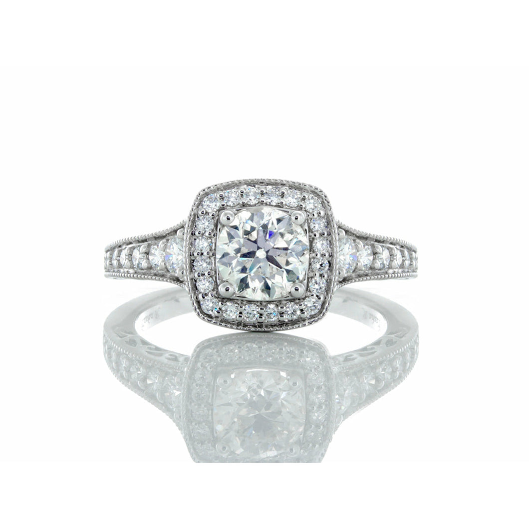 1.40ctw Round Solitaire with Cushion Halo, Graduated Diamond Shoulders with Milledge Accents 14k White Gold