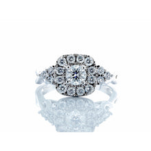Load image into Gallery viewer, 1.00ctw Diamond Solitaire Cushion Halo with Three Diamond Accents on Sides and High Polished Infinity Shoulders 14k White Gold
