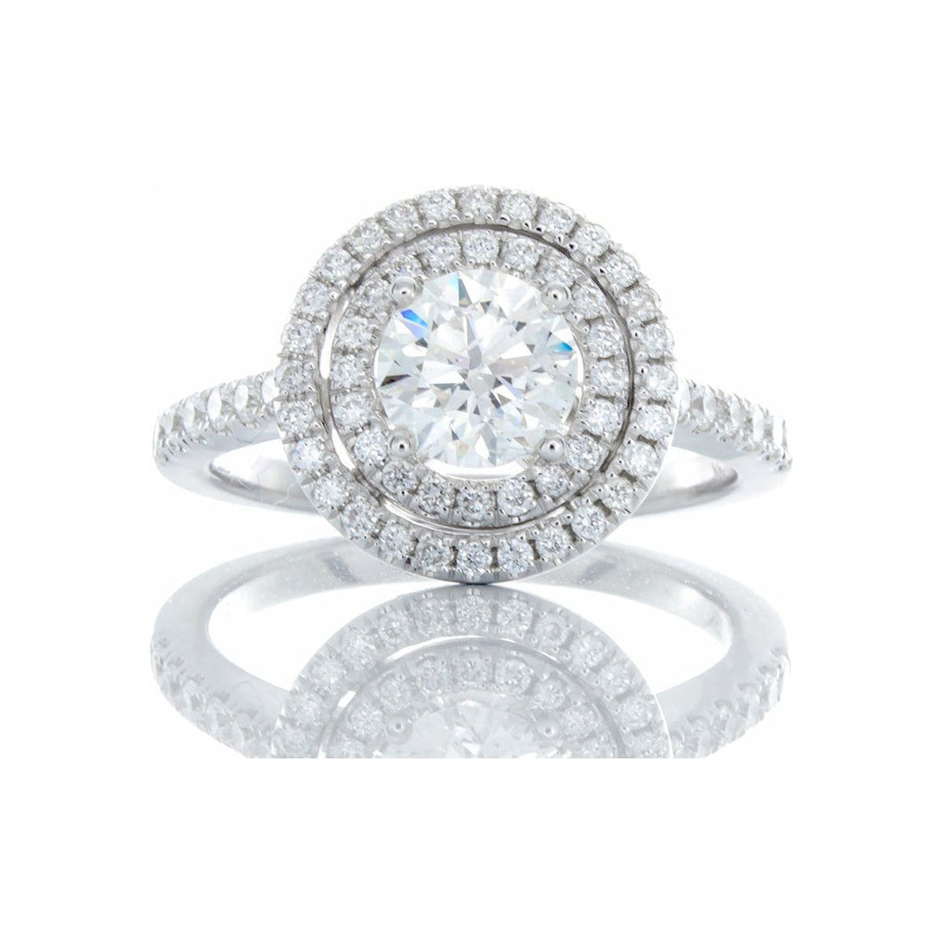 1.30ctw Round Solitaire Double Halo, Single Pave Shoulders 18k White Gold