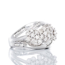 Load image into Gallery viewer, 1.00ctw Diamond Flower Past Present Future Ring with Baguette Accents 10k White Gold
