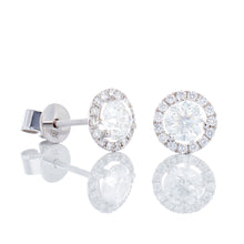 Load image into Gallery viewer, 0.84ctw Three Prong Martine Set Diamond Solitaire Studs with Halo 18k White Gold
