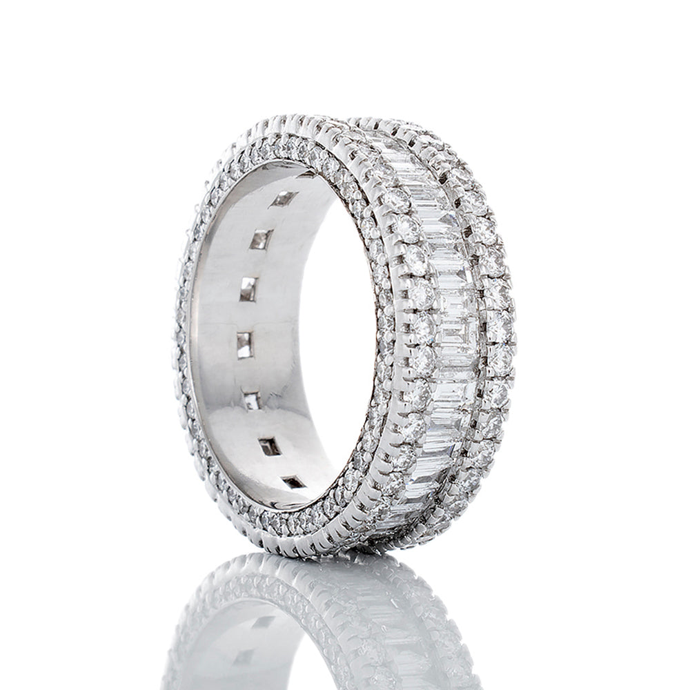 2.65ctw Baguette Eternity Ring with Four Row Round Brilliant Cut Diamond Side Accents 14k White Gold