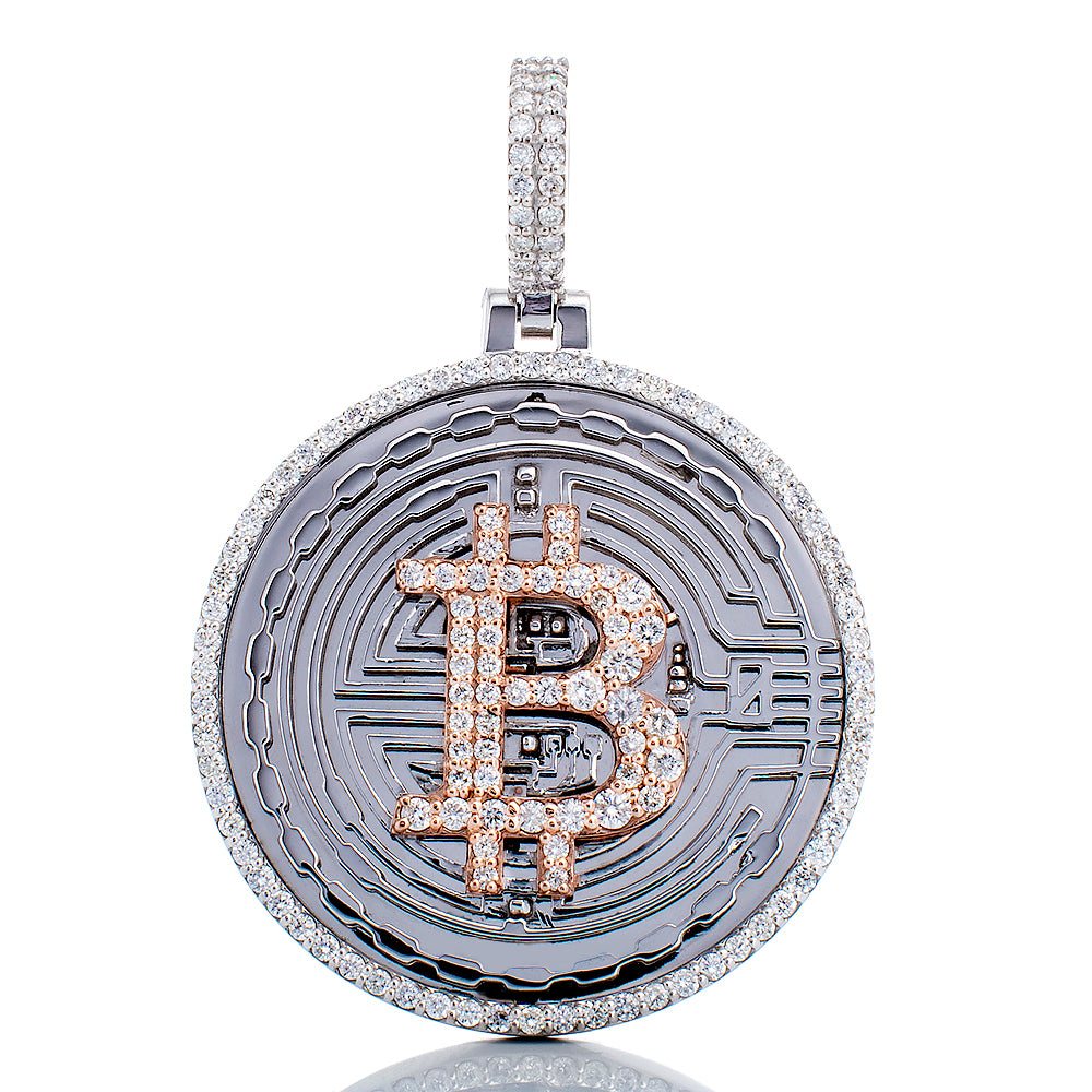 1.50ctw Diamond Bitcoin Pendant 14k White & Rose Gold