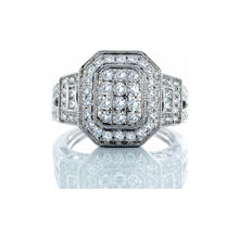 Load image into Gallery viewer, 1.00ctw Emerald Shape Halo, Three Stone Design with Split Pave Shoulders 10k White Gold
