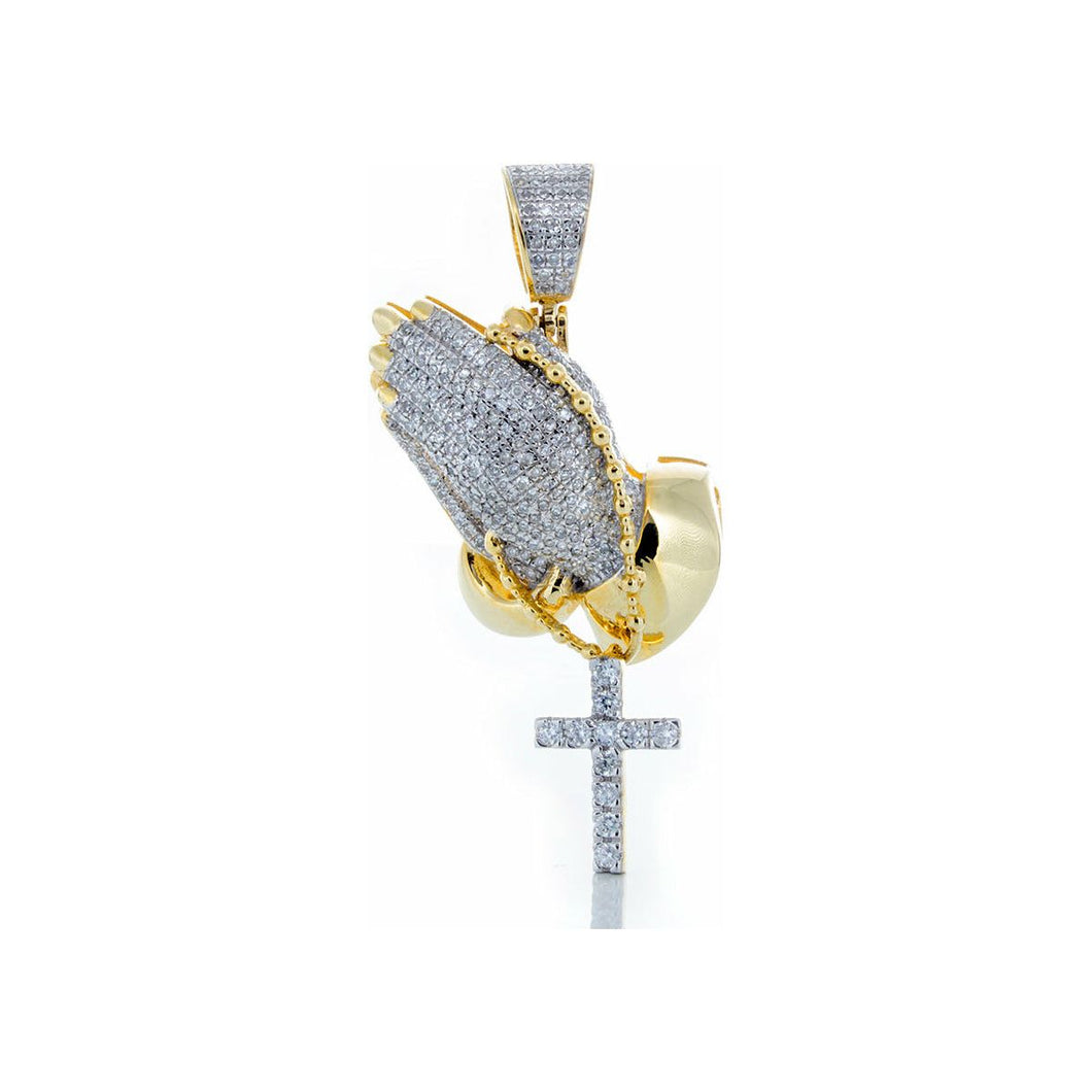 1.00ctw Micro Pave Diamond Praying Hands with Rosary 10k Gold