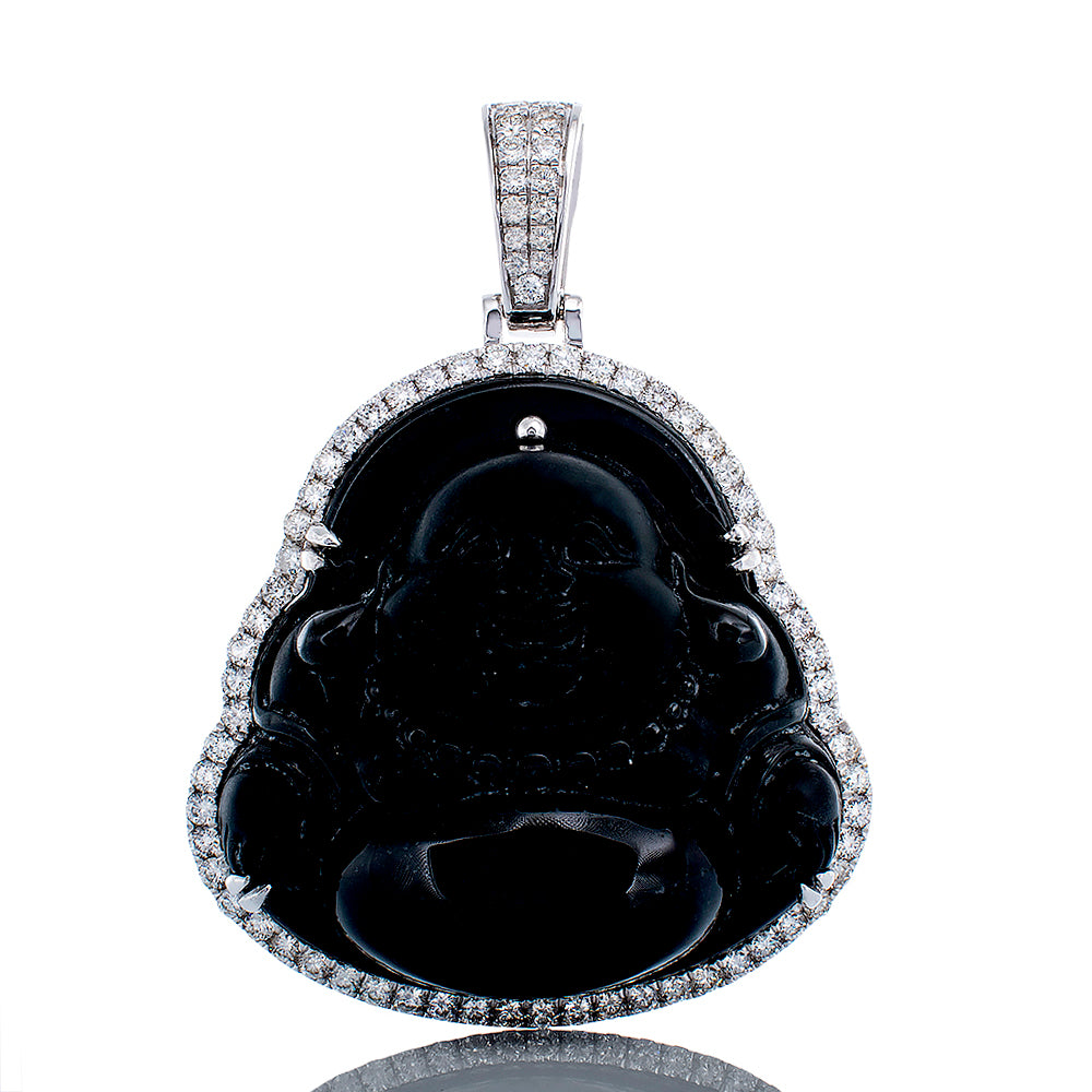 1.28ctw Obsidian Laughing Buddha with Diamond Frame 10k White Gold