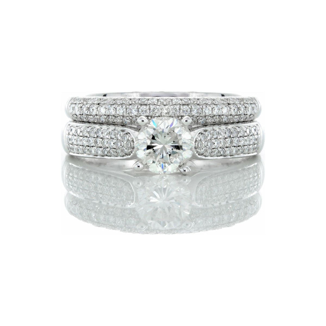 1.50ctw Raised Solitaire Center Three Row Micro Pave Slight Dome Shoulders & Matching Band 14k White Gold