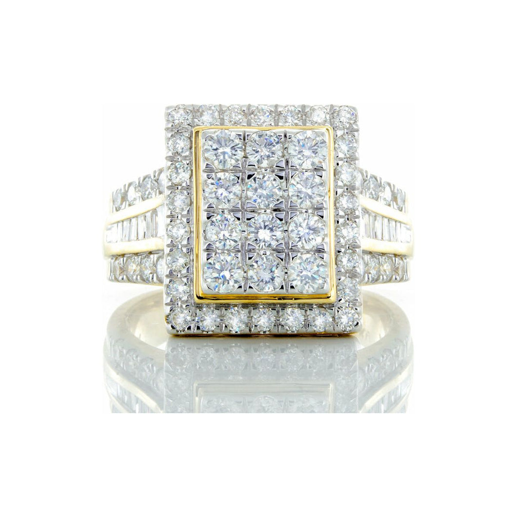 1.50ctw Rectangle Forefront with Halo  Channel Set Baguette & Two Row Round Pave Shoulders 10k YellowGold