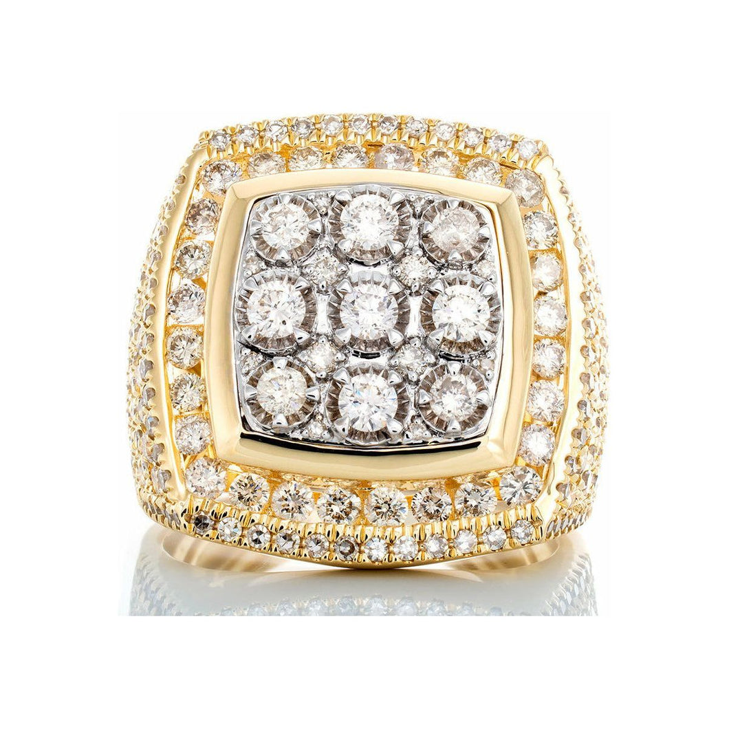 3.45ctw Elevated Illusion Cushion Center with Channel Set Border, Seven Row Diamond Shoulders 10k Gold