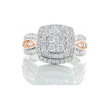 Load image into Gallery viewer, 1.00ctw Double Cushion Halo Three Row Pave Set Diamond Shoulders 10k Rose &amp; White Gold
