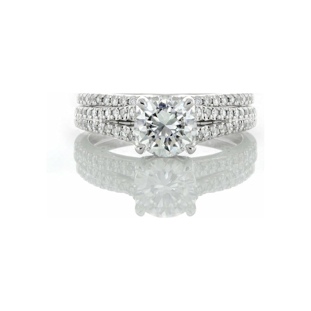 1.05ctw Round Solitaire Split Diamond Pave Shoulders & Matching Wedding Band 14kt White Gold