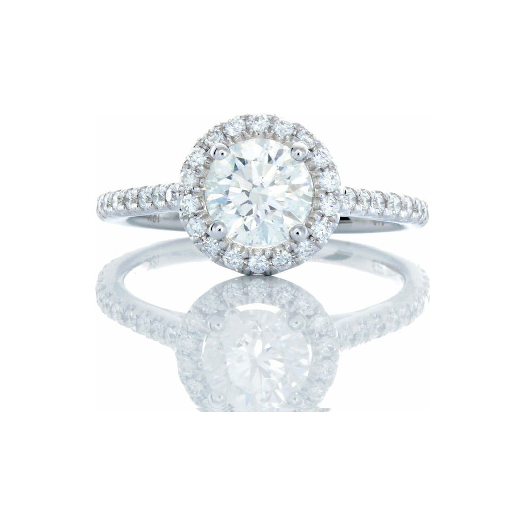 GIA 1.18ctw Round Brilliant Cut Solitaire with Round Pave Halo & Shoulders 18kt White Gold