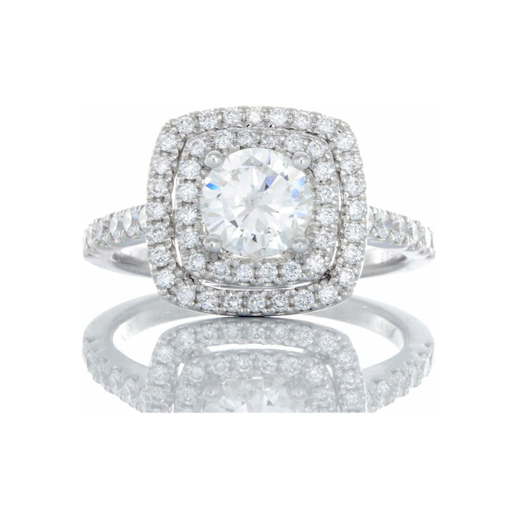 1.21ctw Round Diamond Solitaire with Double Cushion Halo & Pave Shoulders  18kt White Gold
