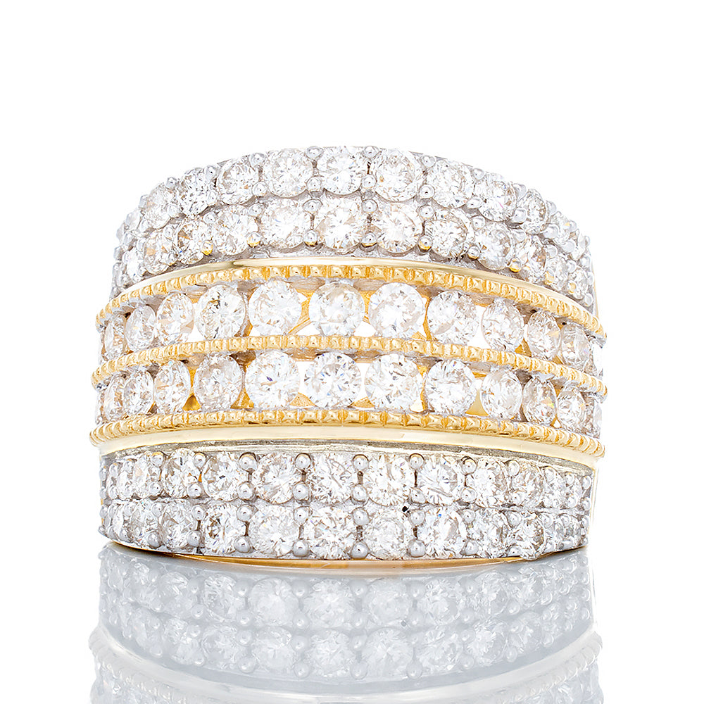 2.00ctw Wide Six Row Diamond Band with Beaded Edge Accents 10k Yellow Gold