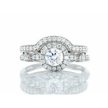 Load image into Gallery viewer, 1.00ctw Round Diamond Solitaire with Cushion Halo, Vintage Inspired Shoulders with Marching Wedding Band 19kt White Gold
