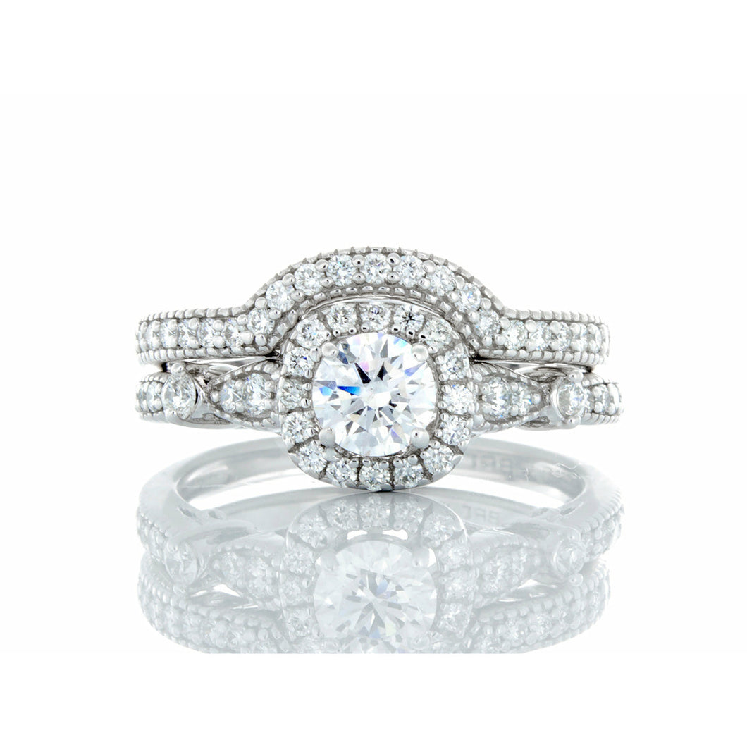 1.00ctw Round Diamond Solitaire with Cushion Halo, Vintage Inspired Shoulders with Marching Wedding Band 19kt White Gold