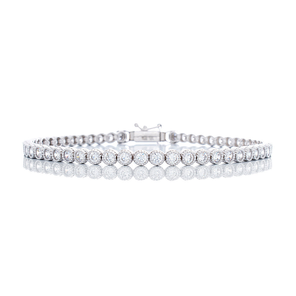 Round Solitaire Beaded Bezel Set Tennis Bracelet 10k White Gold