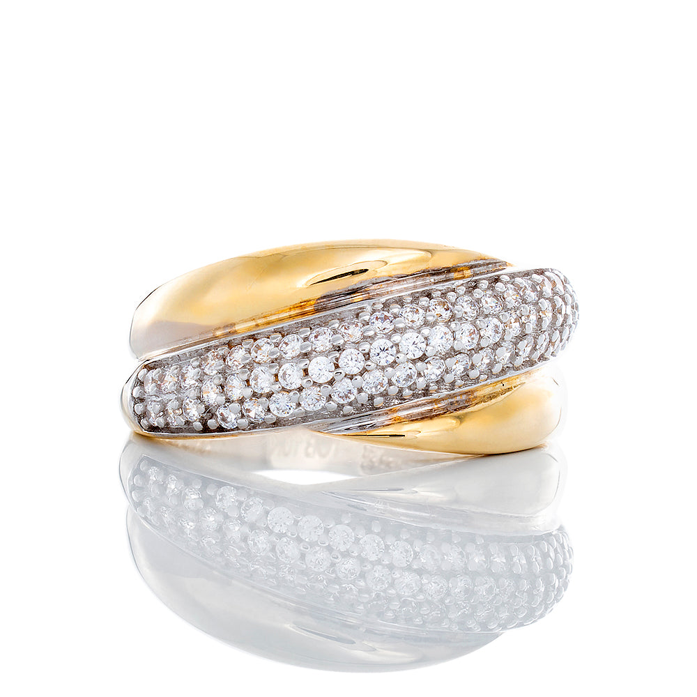 High Polished & Cubic Zirconia Dome Style Cross Over Band 10k Gold
