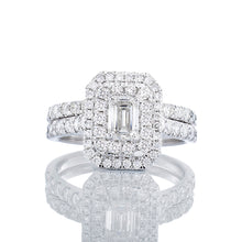 Load image into Gallery viewer, 1.50ctw Baguette Solitaire with Two Tiered Diamond Halo Bridal Set 10k White Gold
