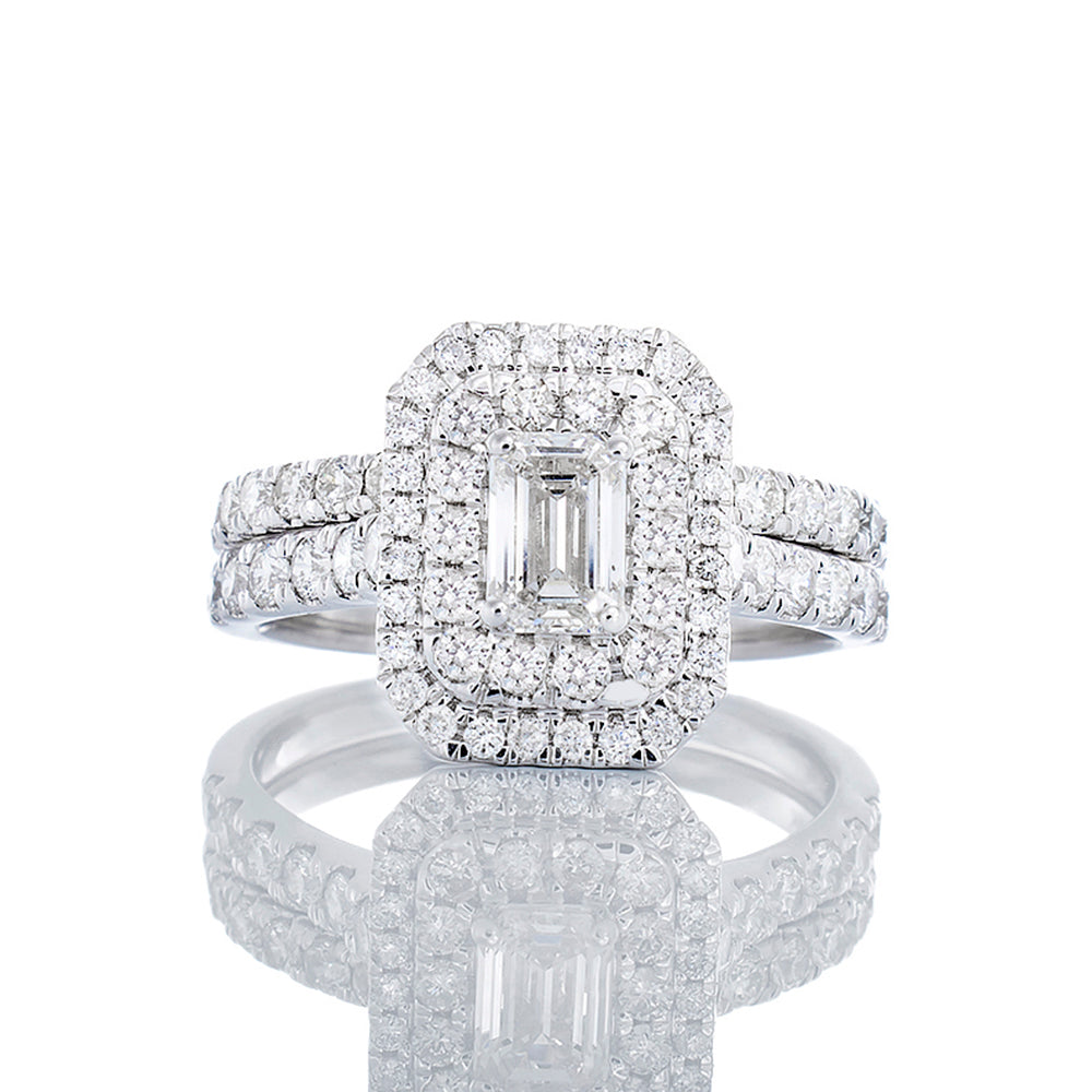 1.50ctw Baguette Solitaire with Two Tiered Diamond Halo Bridal Set 10k White Gold