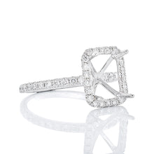 Load image into Gallery viewer, RING GW 18K 0.50CTW RADIANT CUT CORNER DIAMOND HALO WITH DAINTY SHARED PRONG SHOULDERS
